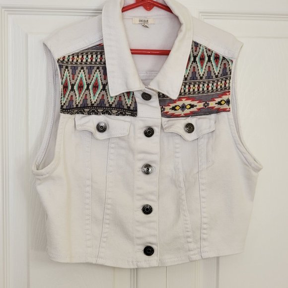ChiQle Patched Vest Button Down White Denim Two Chest Pockets Collared Medium - Picture 2 of 13